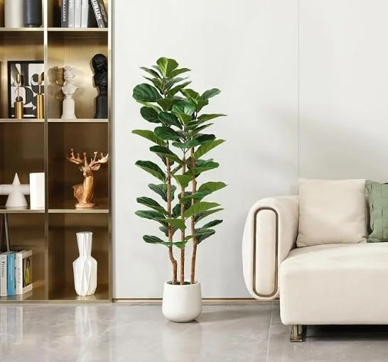 Interior design Inspiration featuring a stylish shoppable indoor living room with a tall green houseplant in a white pot, a white sofa with beige and green pillows, and a gold-colored bookshelf with decorative items and books.