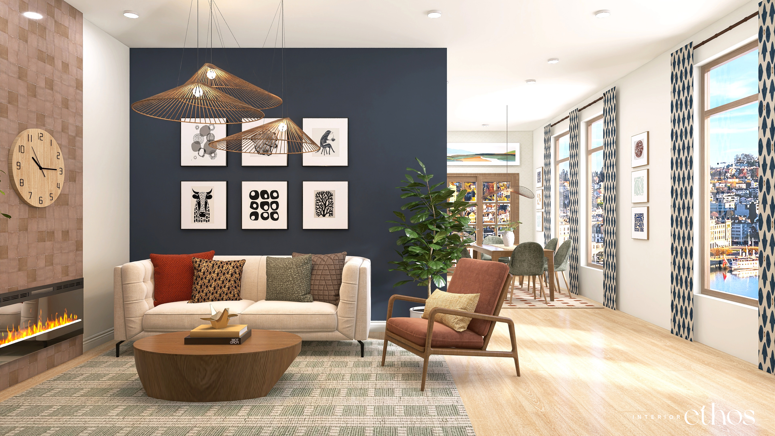 This Interior Ethos original design shows an eclectic room design. The colours used give it a fun style and the excellent use of design principals create a well rounded interior design.