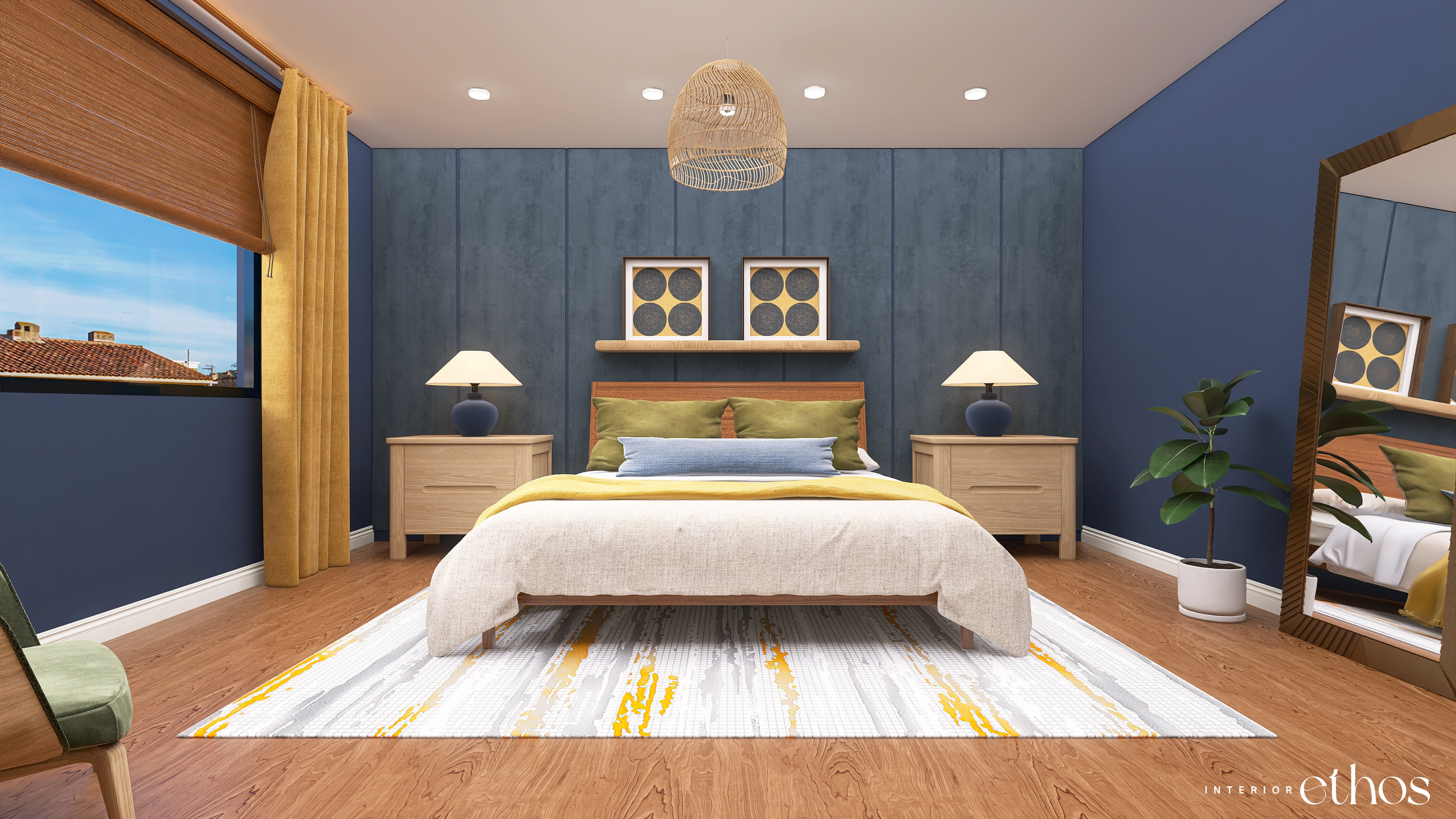 This Interior Ethos Bedroom design features stylish home decor such as lighting, bed side tables, bed linens and rugs