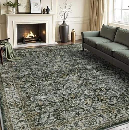 Living room design Inspiration featuring a stylish shoppable area rug in beautiful green tones