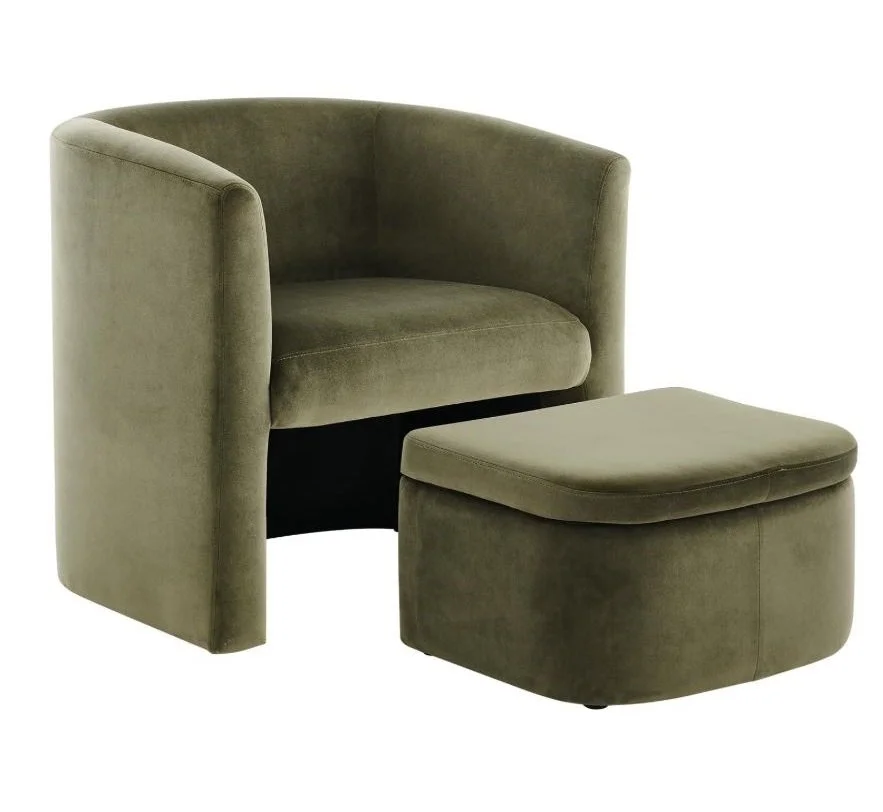Interior design Inspiration featuring a stylish shoppable a modern olive green velvet armchair with an attached round ottoman
