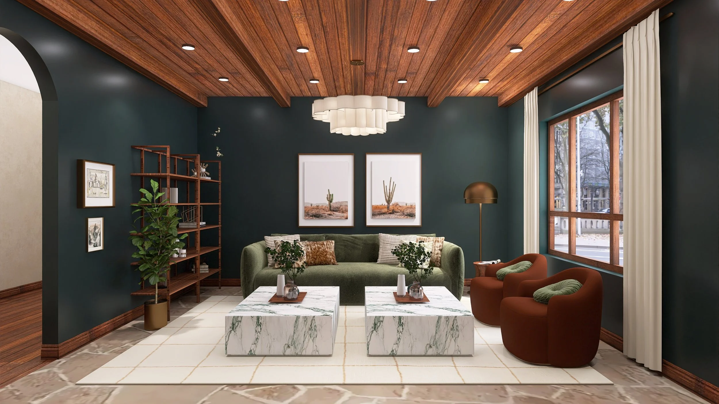 This Interior Ethos original design is a great example of why this firm is the best virtual interior design service. The image shows a living room with dark green walls, wooden ceiling, and large window with white curtains. 