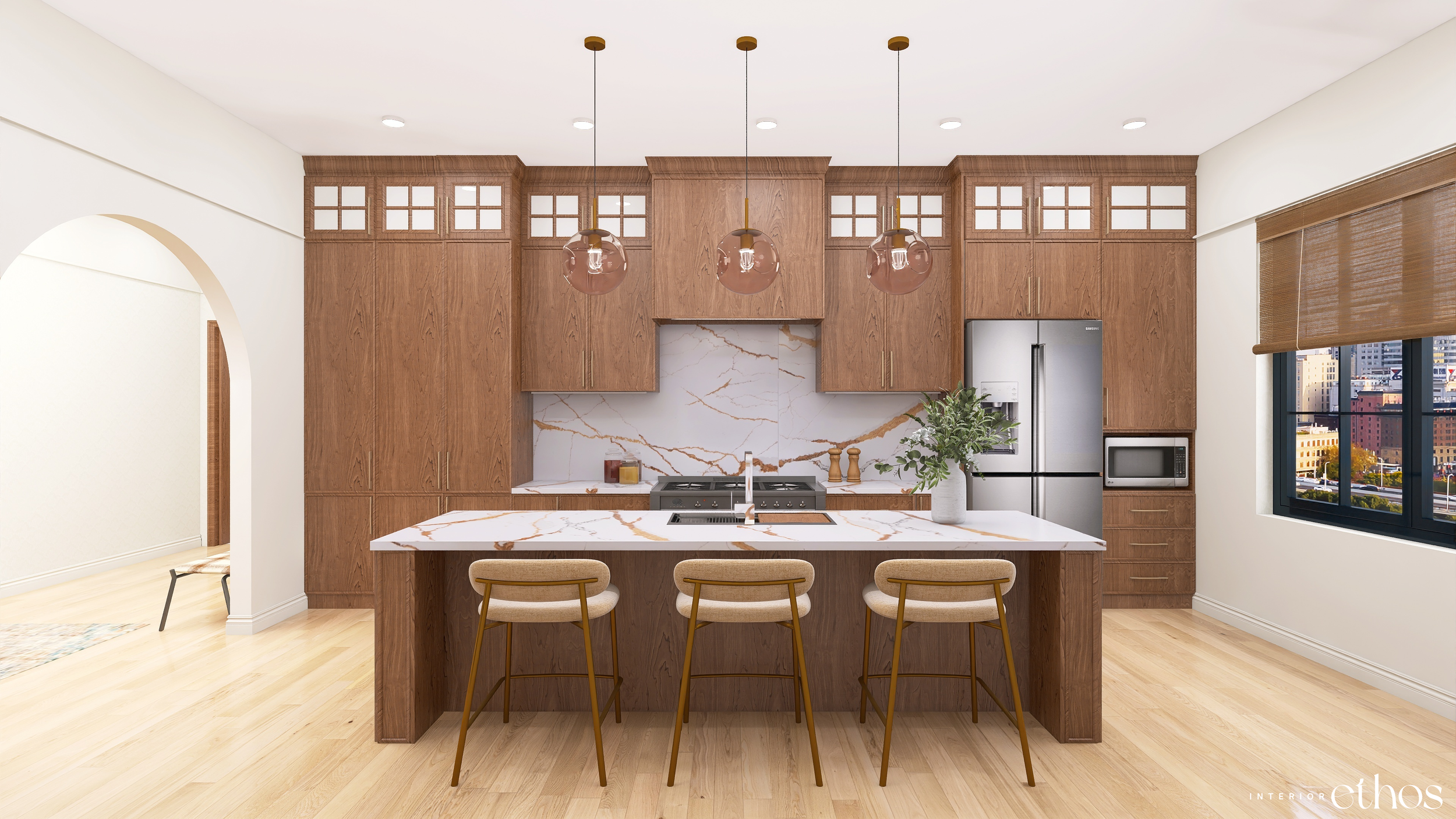 Interior Ethos original design for inspiration purposes. This 3D rendering shows a modern kitchen with wooden cabinets, marble countertop, and a kitchen island with three beige stools. 