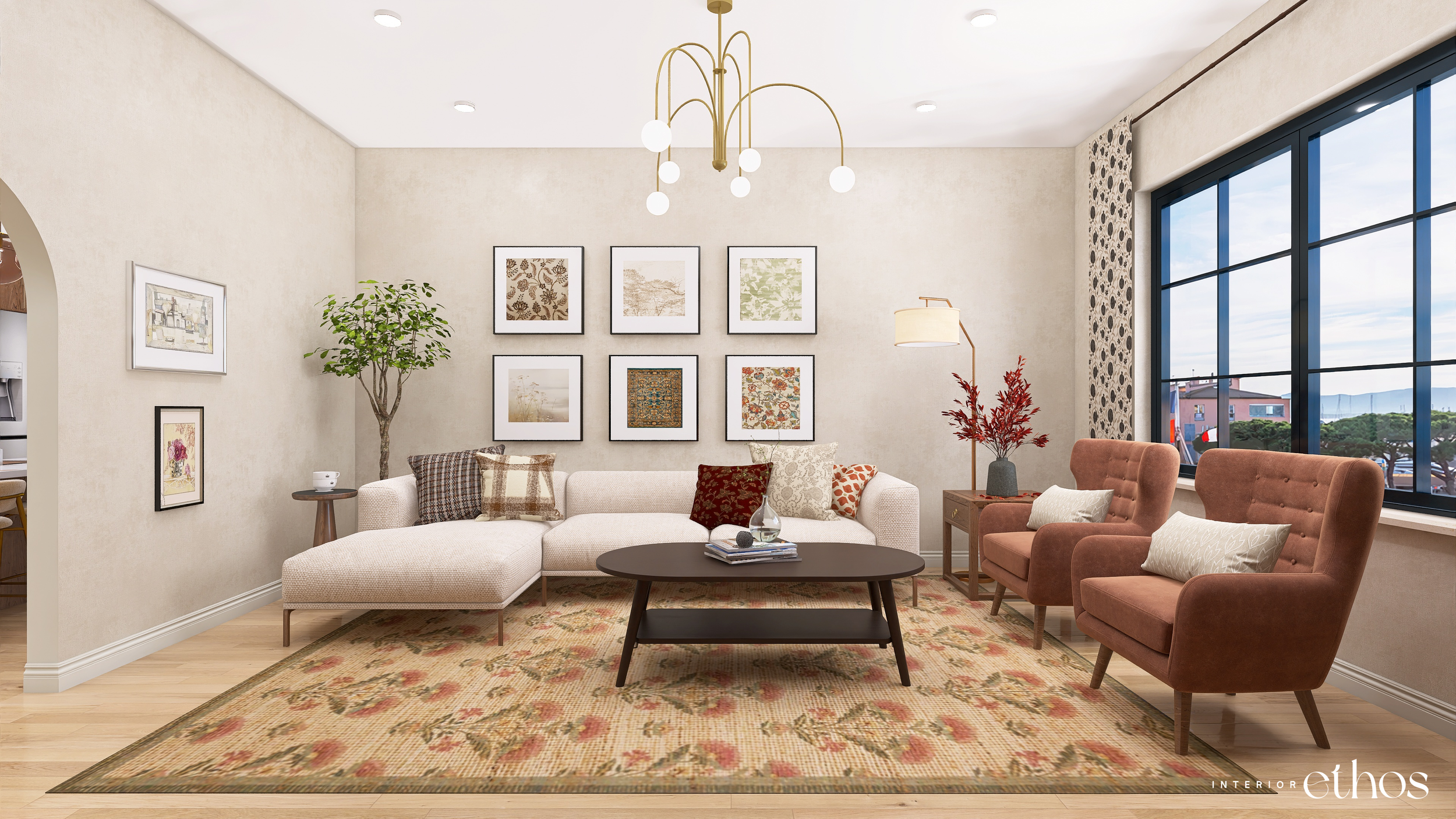 Interior Ethos original 3D rendering featuring a living room with beige walls, large window, and modern decor. 
