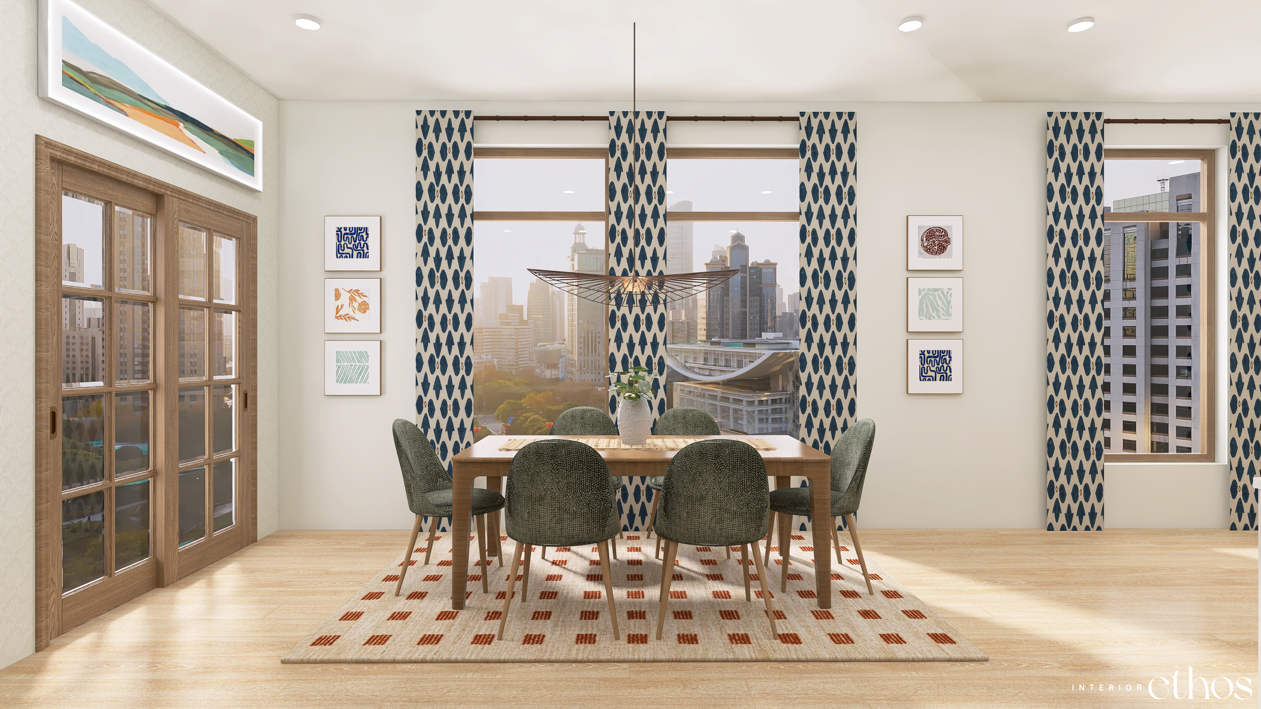 This Interior Ethos original design uses a fun colour palette and various furniture elements to create a balanced space. This 3D rendering shows a dining room wih green chairs, a wooden table, curtains and artwork.