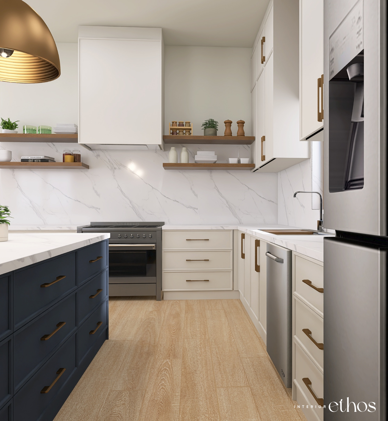 This Interior Ethos original design can be used as interior design inspiration. This 3D rendering shows a close view of the decorative oven hood and open shelving..