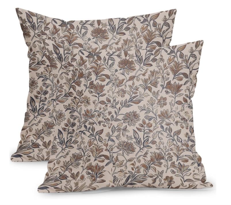 Living room design Inspiration featuring a stylish shoppable  decorative pillows with beige background and a brown and gray floral pattern.