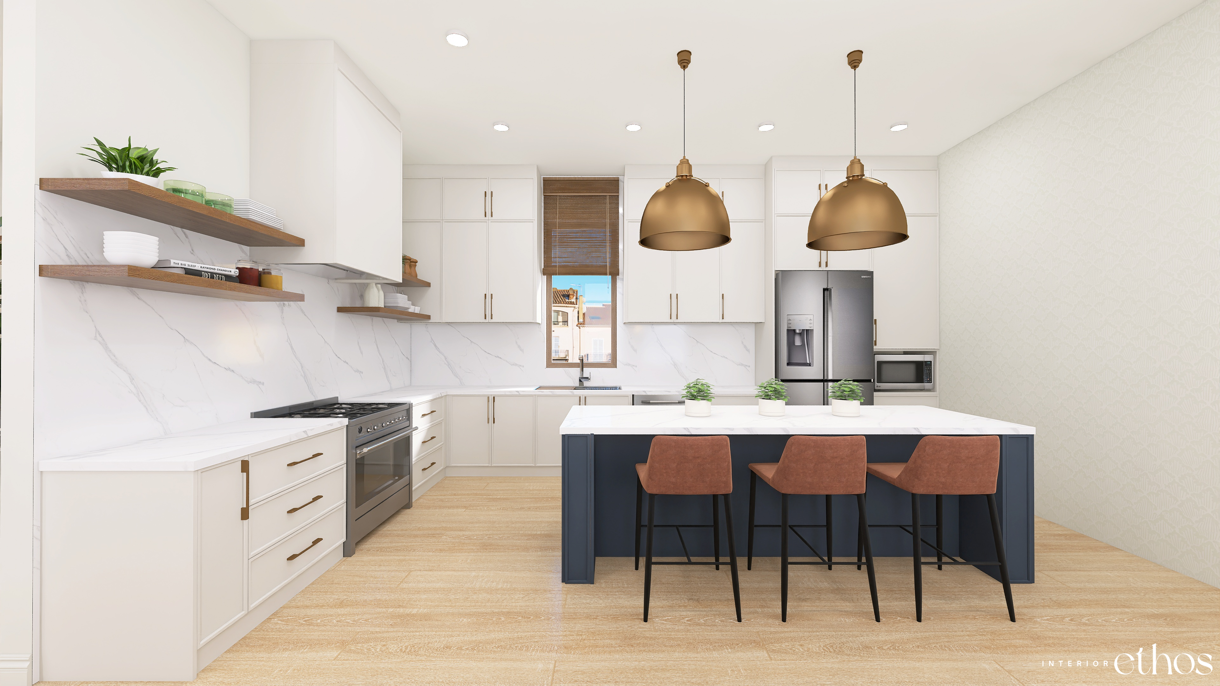 This Interior Ethos original design can be used as interior design inspiration. This 3D rendering shows a modern kitchen with white cabinets, marble backsplash, wood shelves, a blue island with brown bar stools, and three pendant lights.