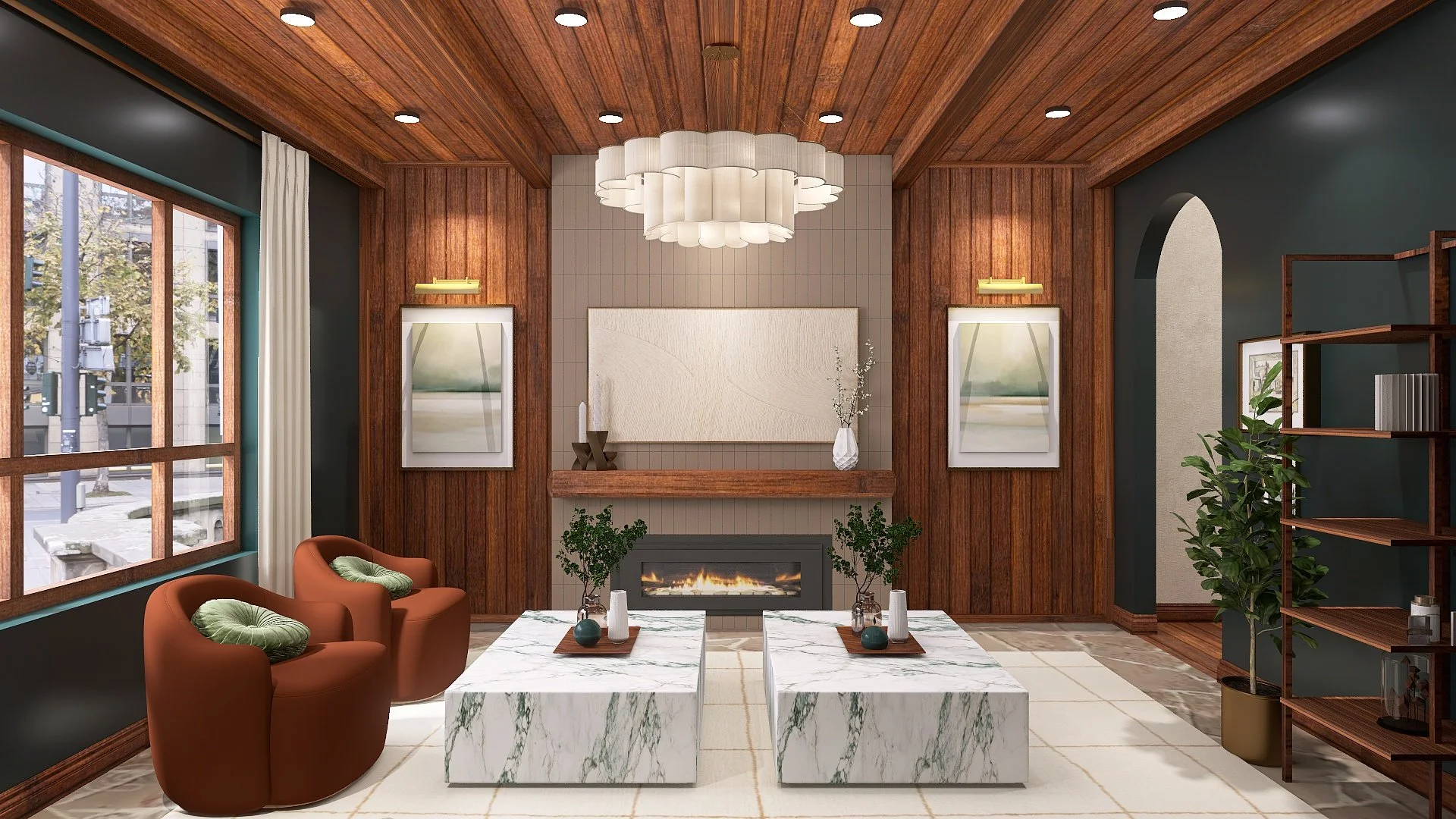 Interior Ethos; a firm offering online interior design has created this beautiful room design as a sample piece for customers. The image shows a modern living room with wood-paneled walls, large windows and stylish furniture all done on a budget.