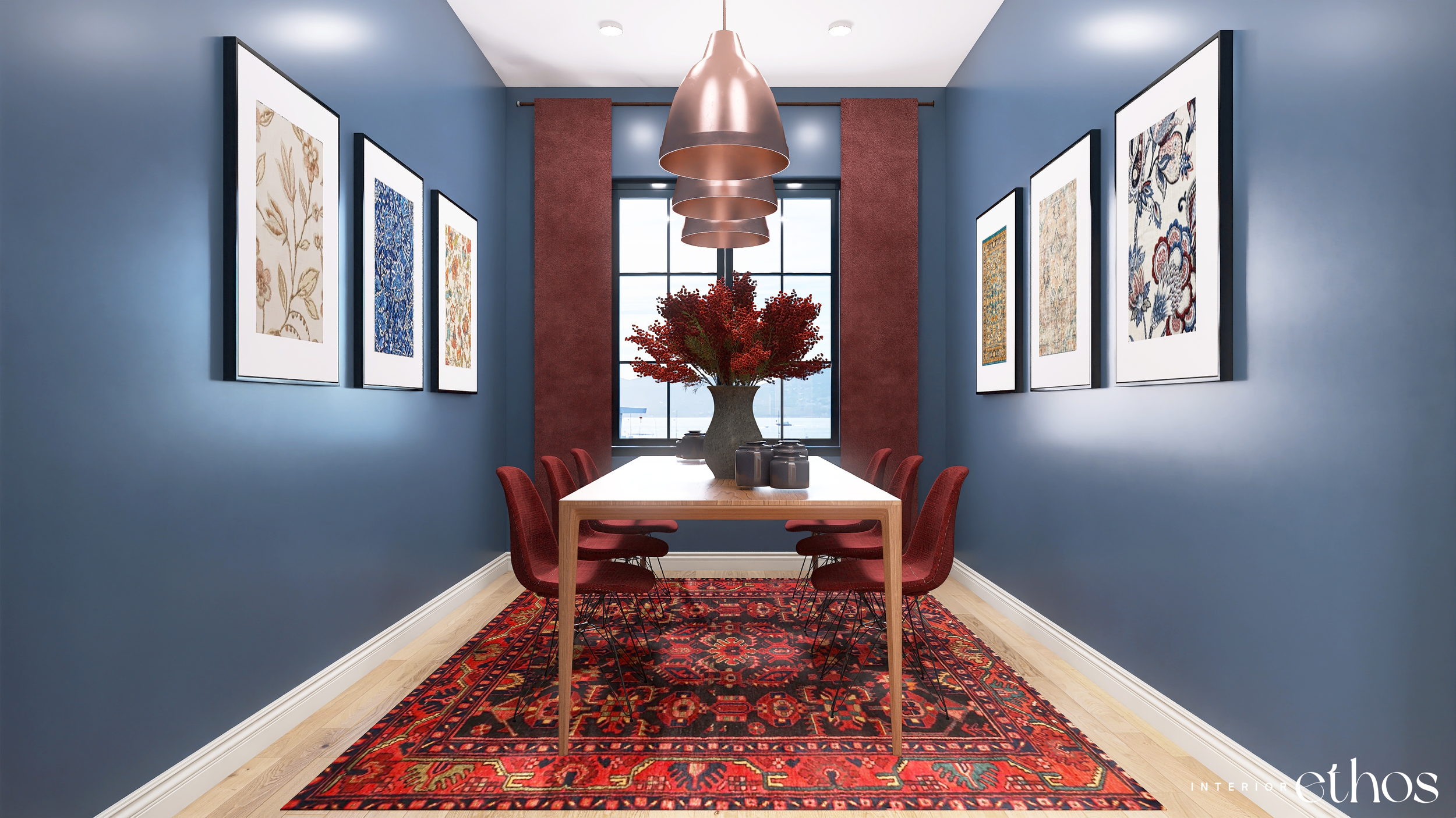 This Interior Ethos design can be used to inspire your own dining room resign. This 3D rendering shows a boldly coloured dining room with stylish artwork, curtains, and pendant lights.