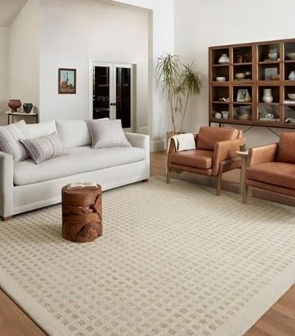 Living room design Inspiration featuring a stylish shoppable area rug in beautiful neutral tones.