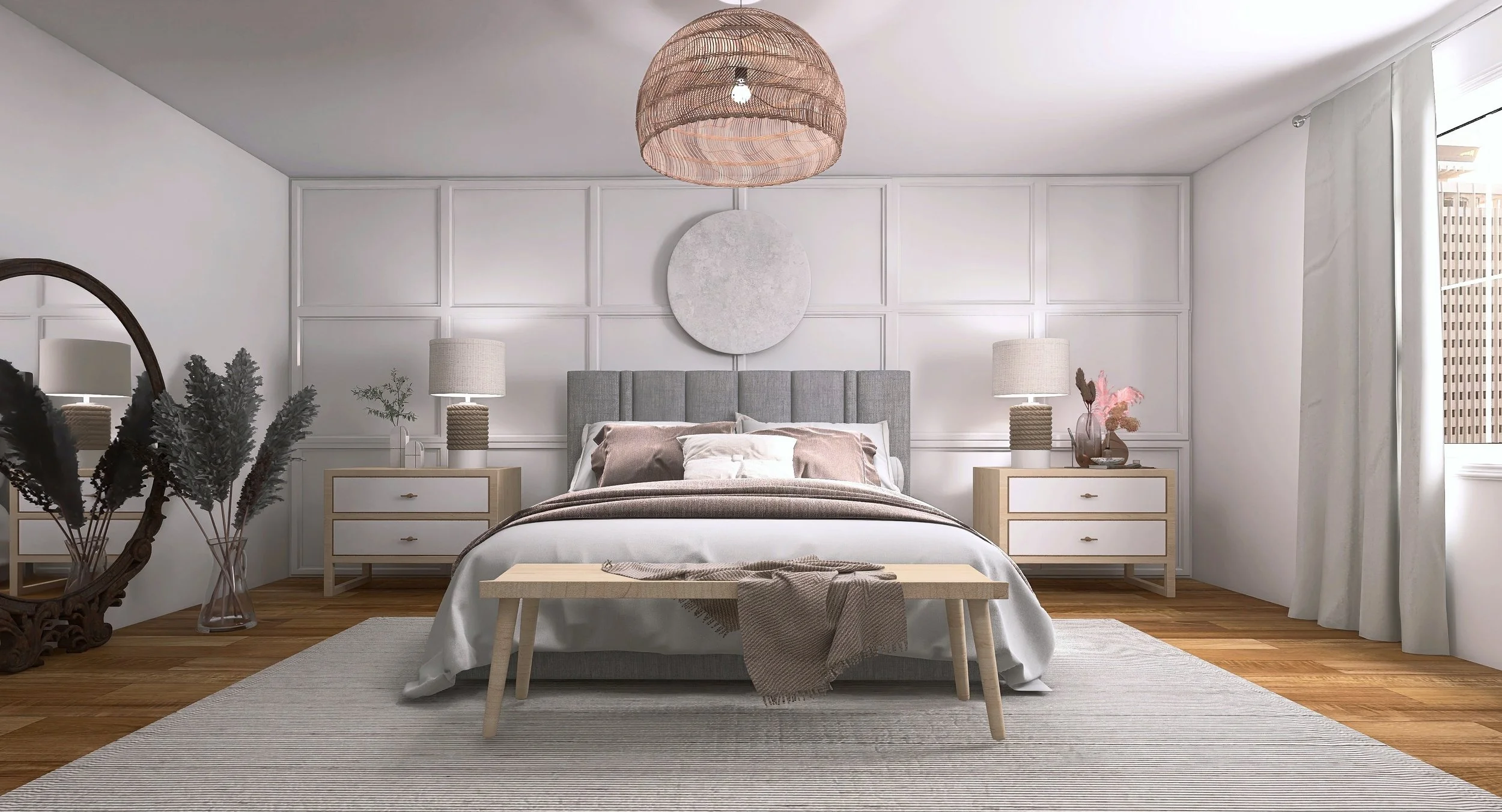 This interior Ethos original design creates a light and airy bedroom interior. This 3D rendering shows a beautiful millwork accent wall for design inspiration.