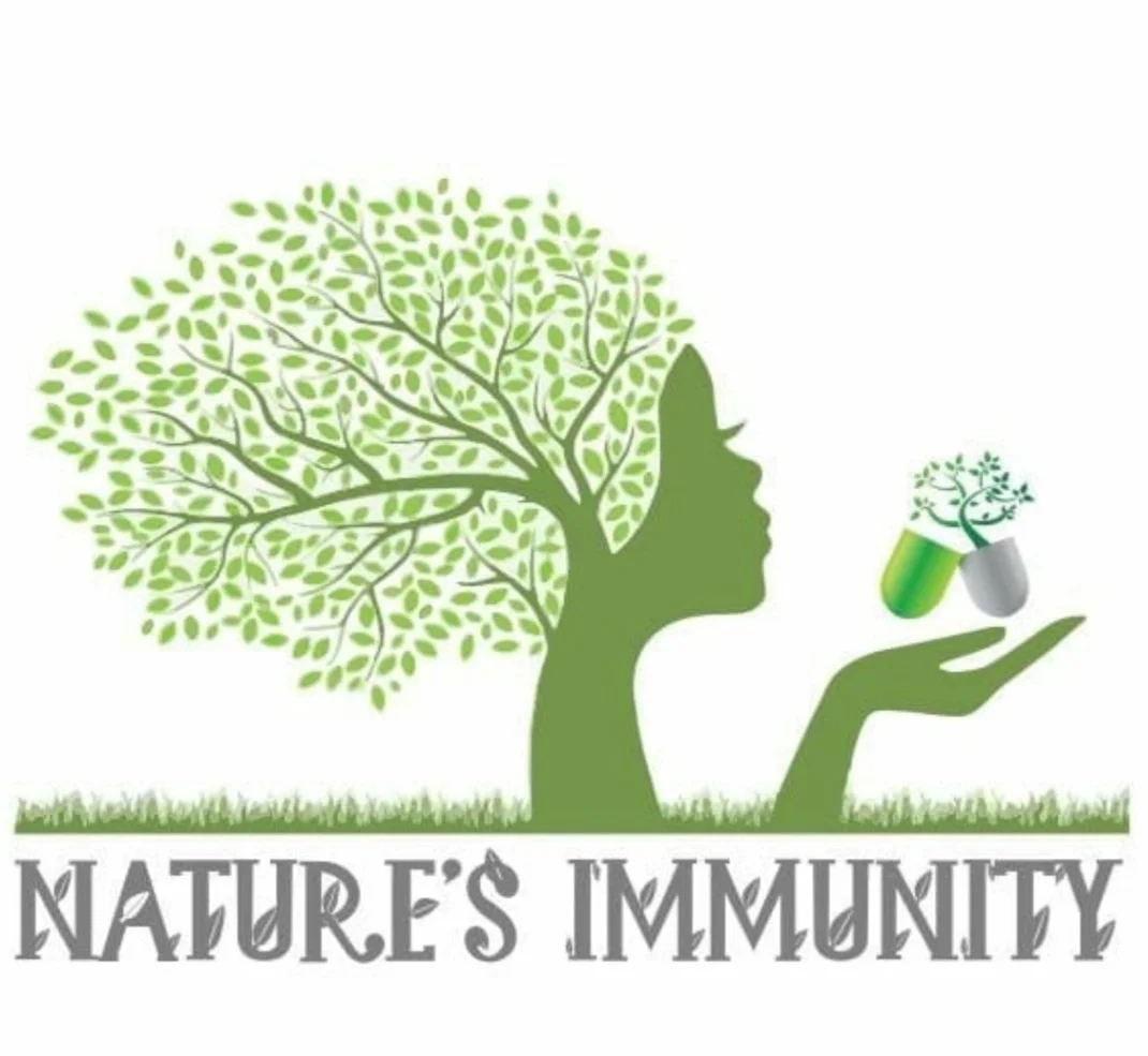 A graphic of a woman made of a tree, holding two pill capsules with tree tops inside, with the text 'Nature's Immunity' beneath.
