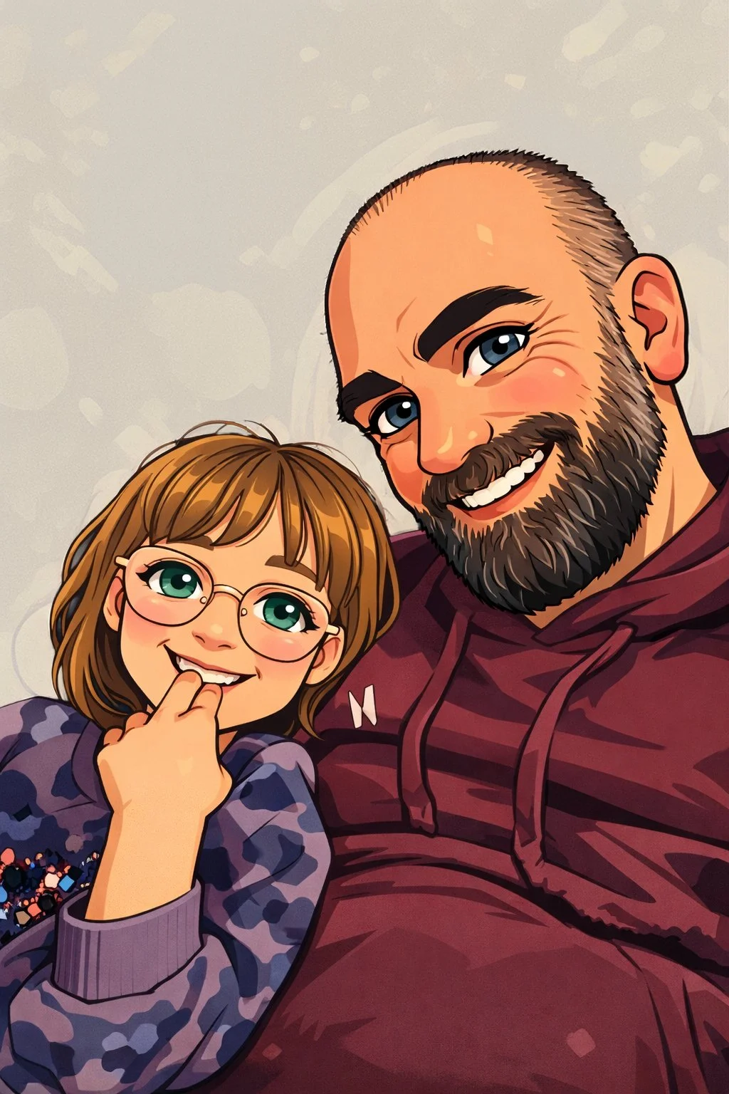 Digital illustration of a man and a young girl smiling together, with the girl touching her face and wearing glasses, both with expressive blue eyes, against a softly blurred background.