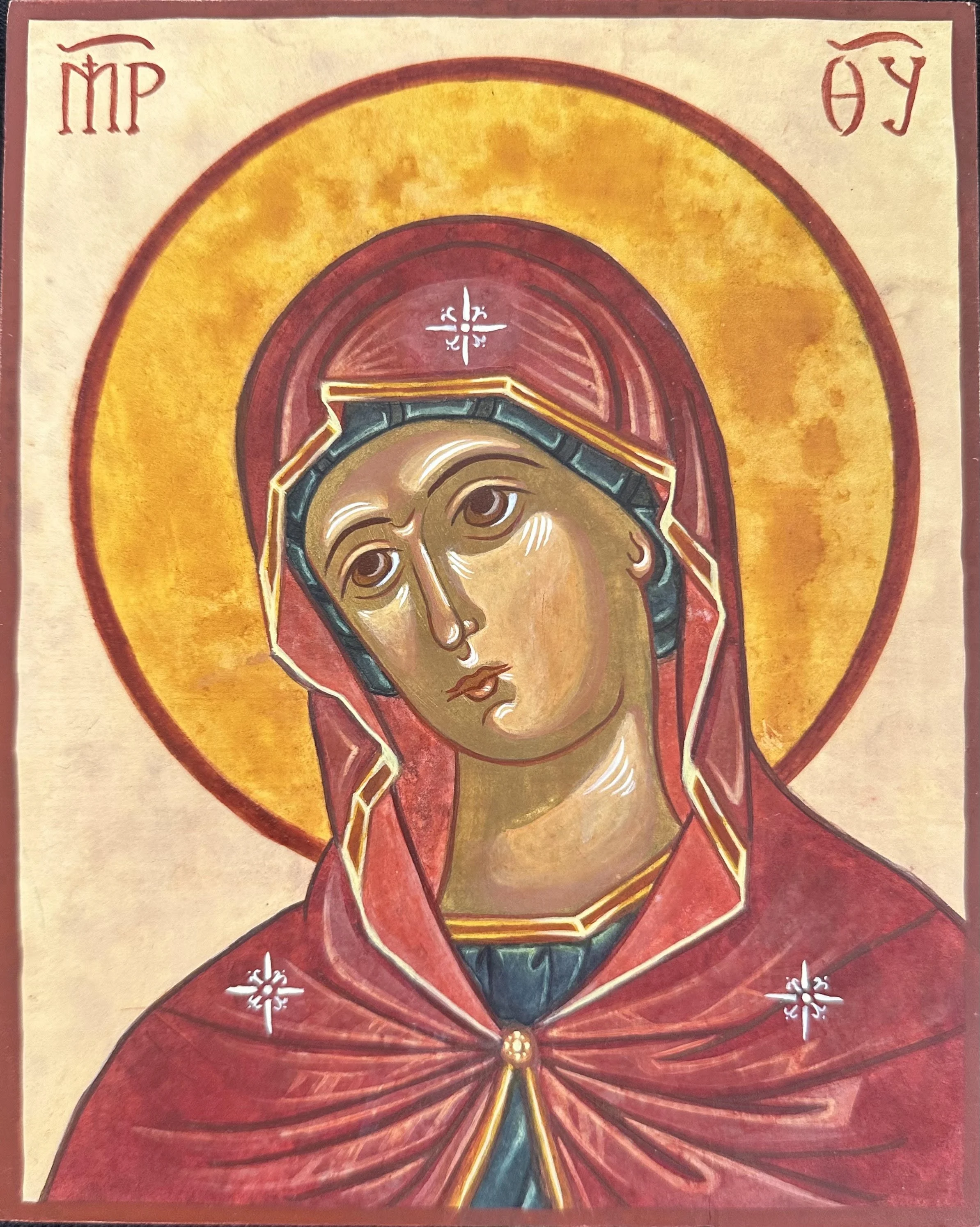 Theotokos in egg tempera, 2026, under the instruction of Faye Drobnic (St. Elizabeth Icon Studio)