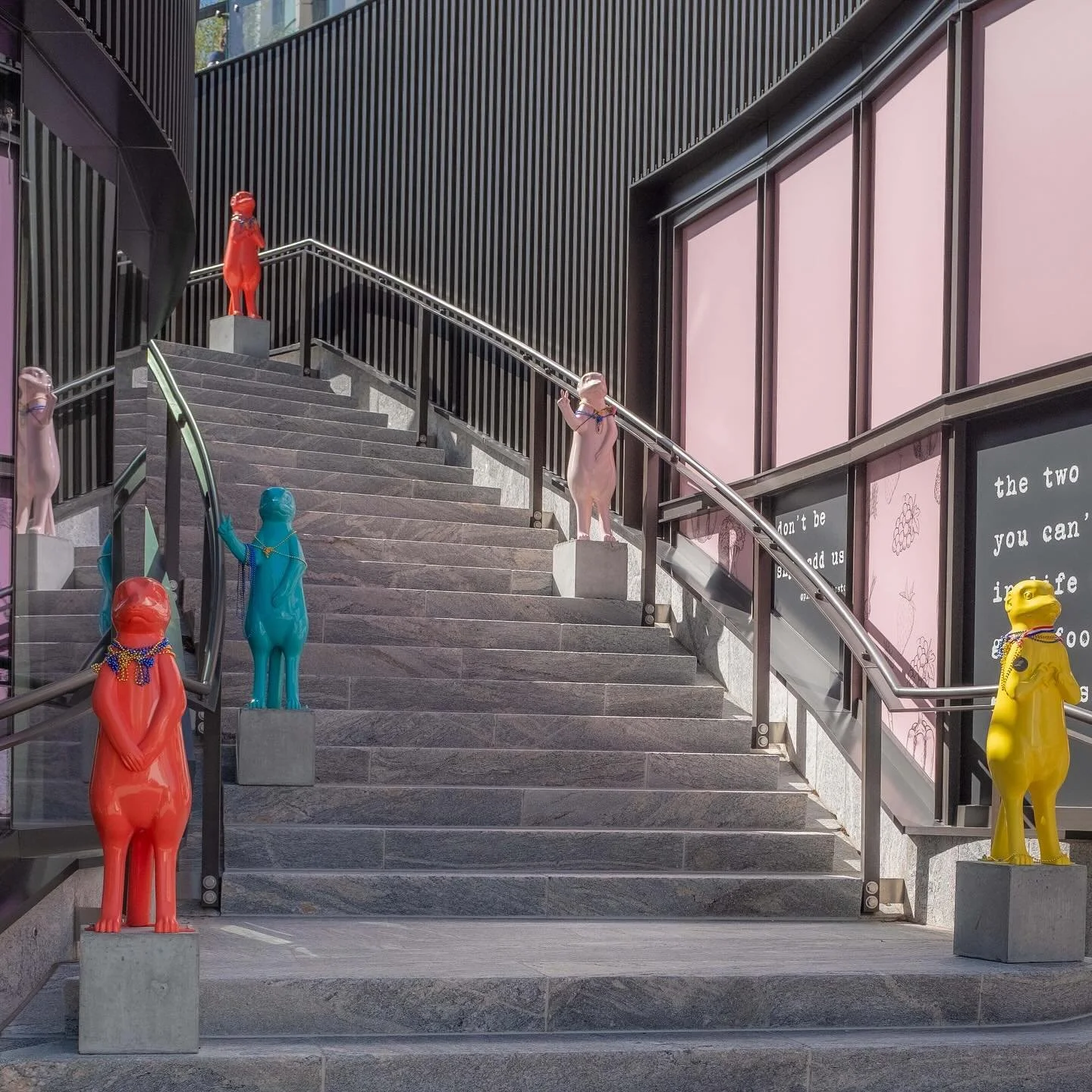 Meet the Meerkat Mob! This installation emphasizes community as these delightful creatures cluster in groups and evoke a sense of togetherness and playfulness. Installed just in time for the 2025 Boston Marathon, they are shown here decorated in meda