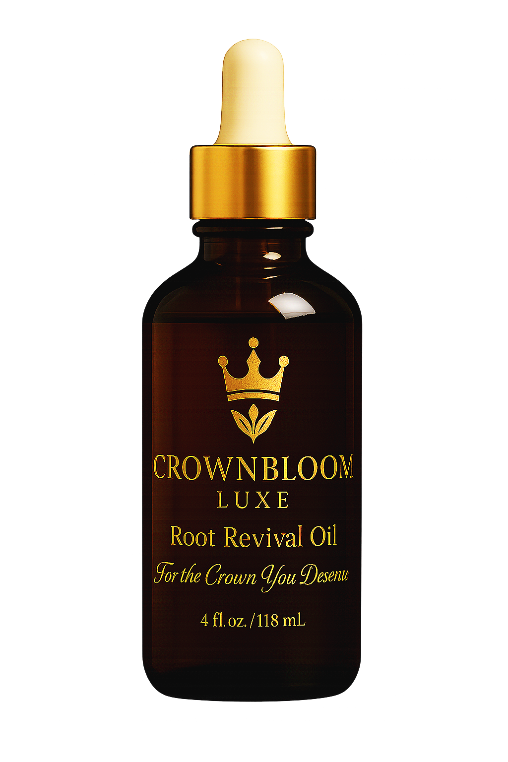 A brown bottle of Crownbloom Luxe Root Revival Oil with a gold dropper cap, labeled for hair growth.