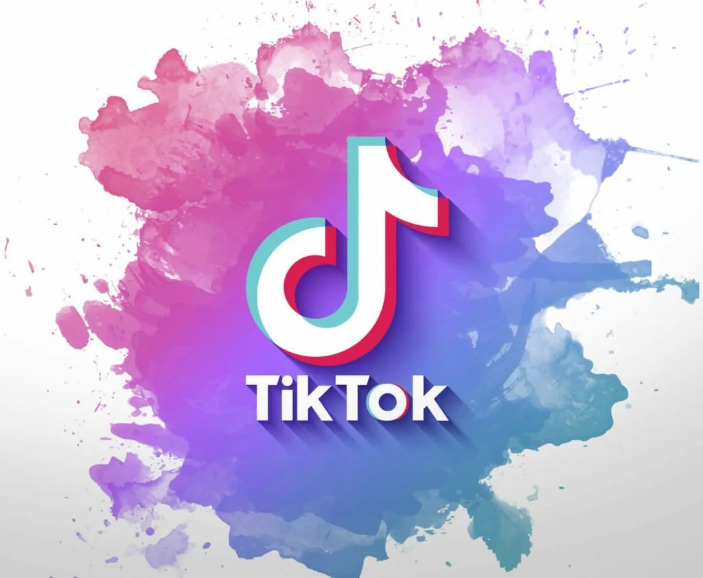 TikTok logo with a colorful watercolor splash background.