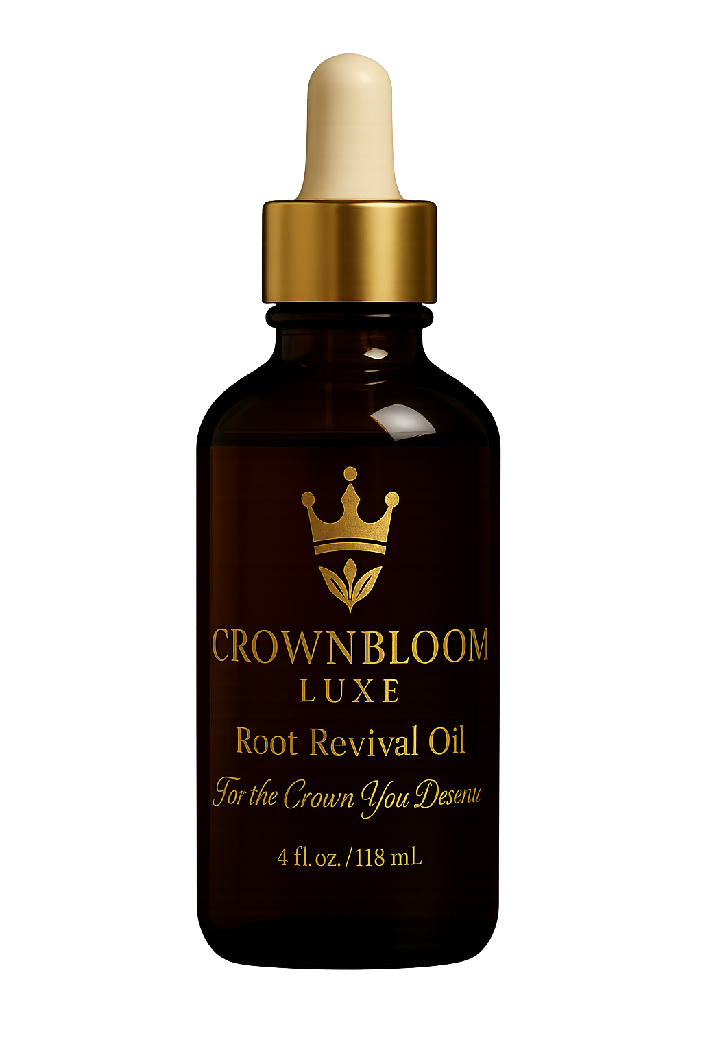 A dark brown glass bottle with a gold dropper cap. The label reads 'Crownbloom Luxe Root Revival Oil, For the Crown You Deserve, 4 fl oz / 118 mL', with a gold crown and floral logo above the text.