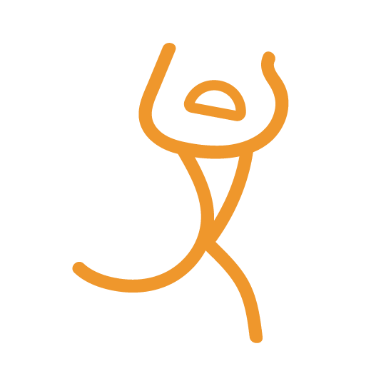 An abstract line drawing of a person dancing or striking a pose, outlined in orange on a black background.