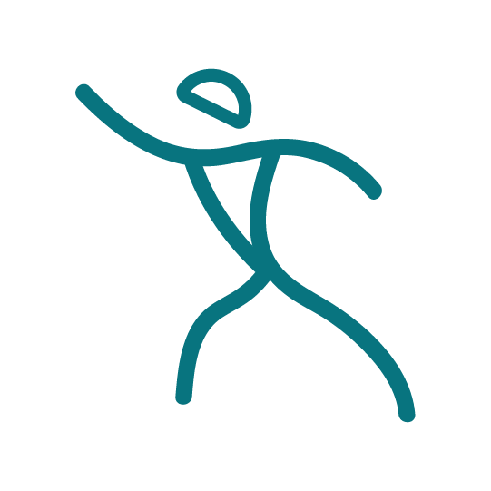 Abstract line drawing of a person with a gear-like head, extending one arm upward.