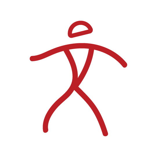 Stylized red illustration of a person in a dynamic dance pose, with arms outstretched and one leg bent.