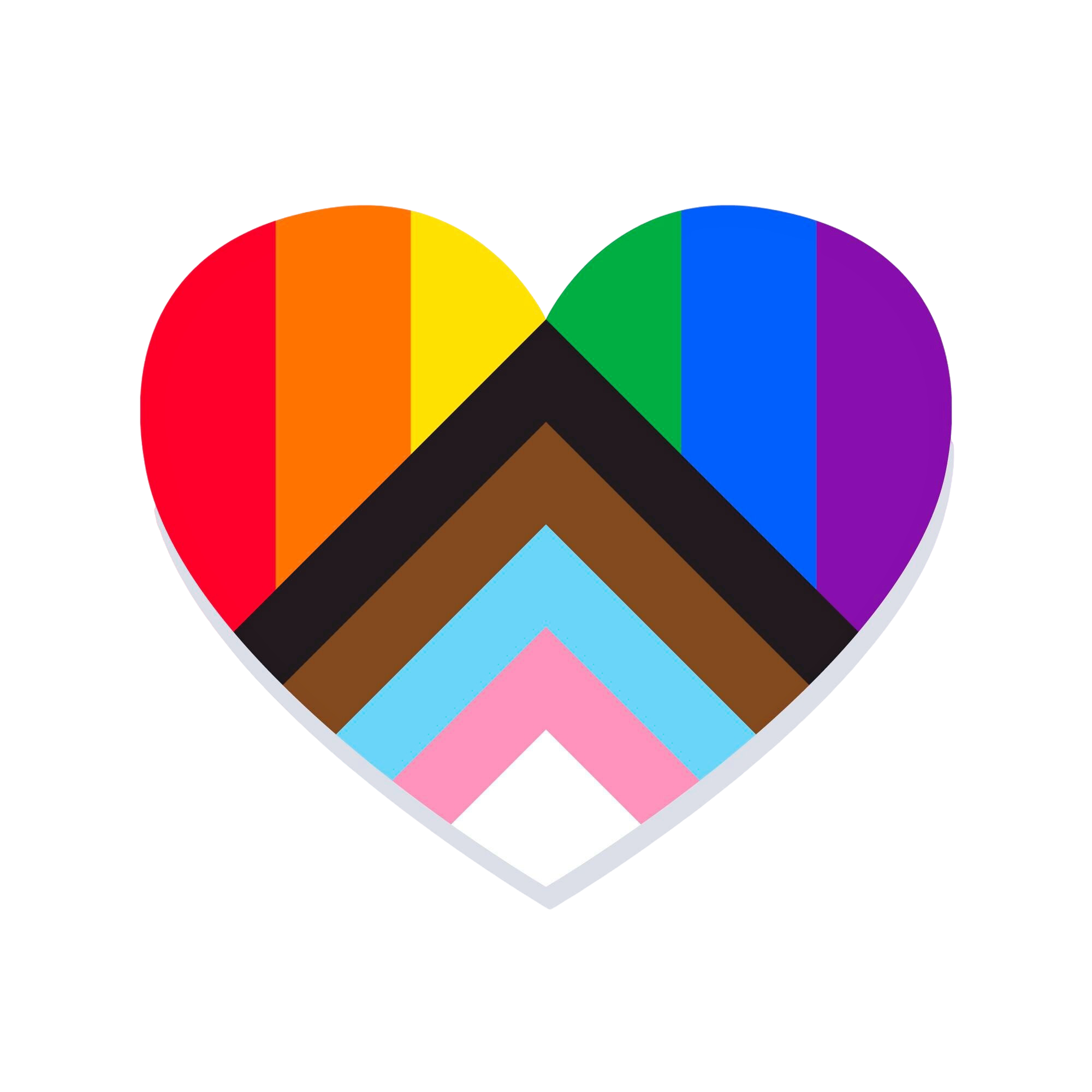 A multi-colored pixelated heart shape with horizontal stripes of red, orange, yellow, green, blue, purple, and black, overlaying a rainbow-colored background.