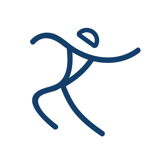 A stylized line drawing of a person in an active pose as part of a sports or activity logo.