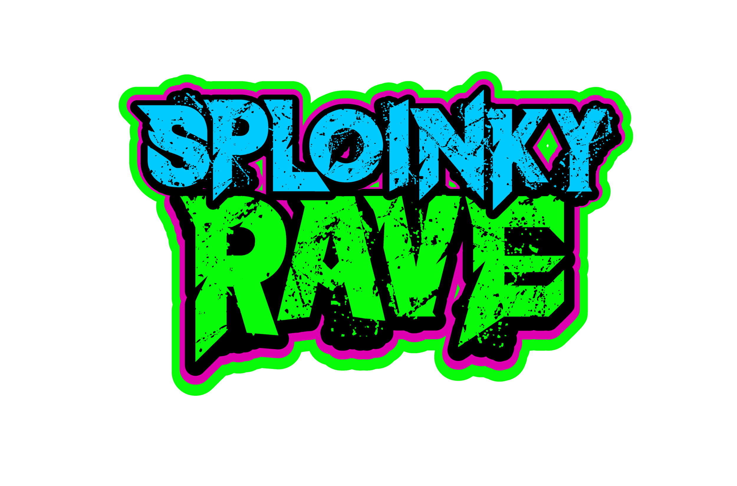 Colorful text graphic with the words "SPLONKY RAVE" in graffiti style with a black background, blue and green letters outlined in pink and black, and a distressed texture.