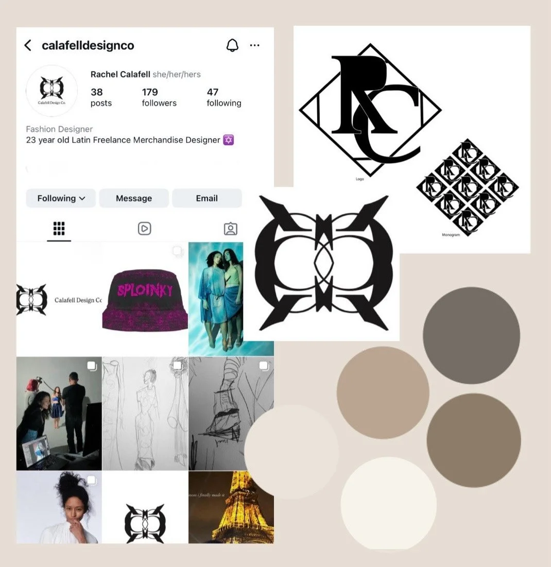 A collage of logo designs, social media profile, fashion sketches, a model photo, and color palette with shades of gray, beige, and white.