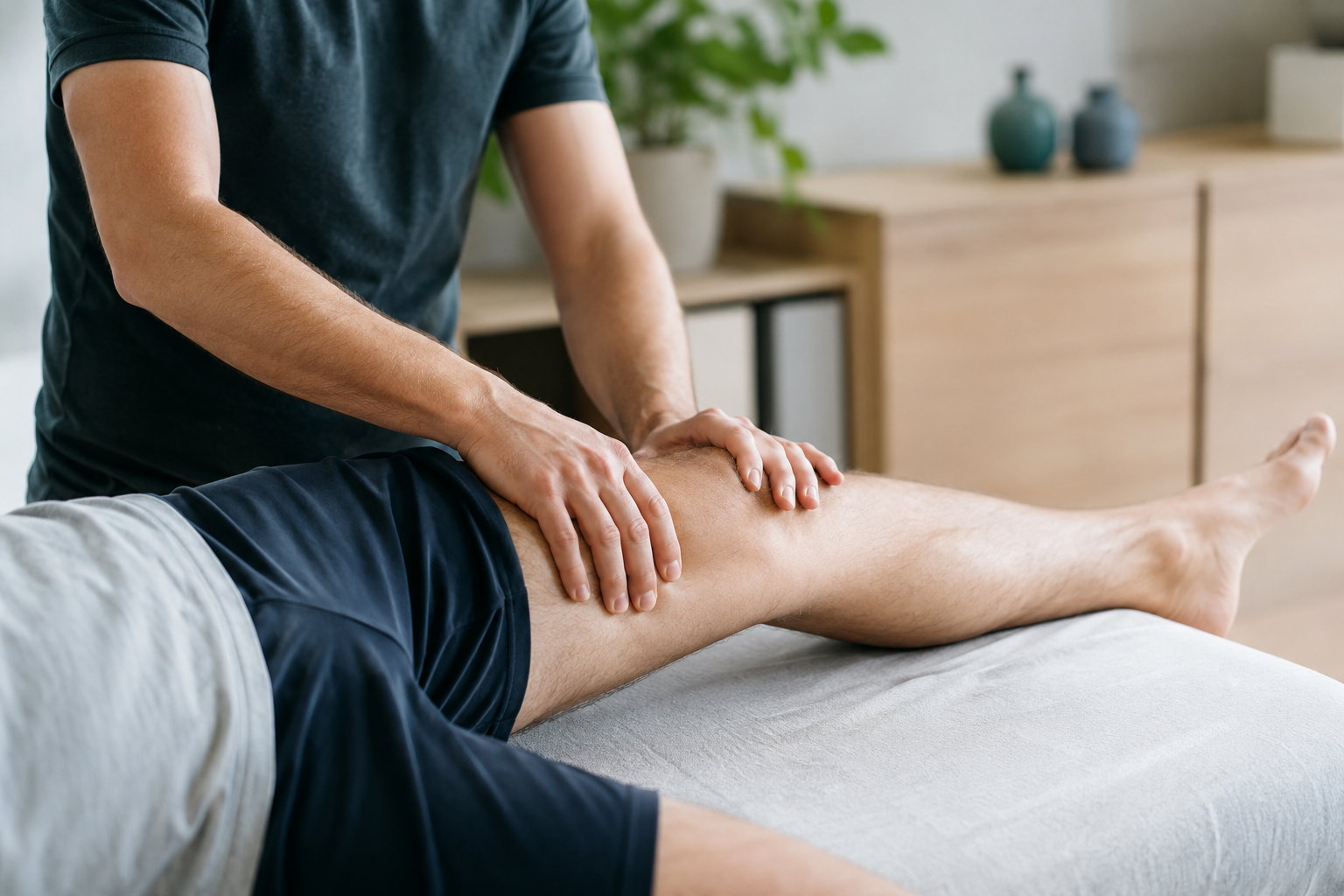 Sports massage therapist treating a patient's lower leg at Back In Sync, New Malden