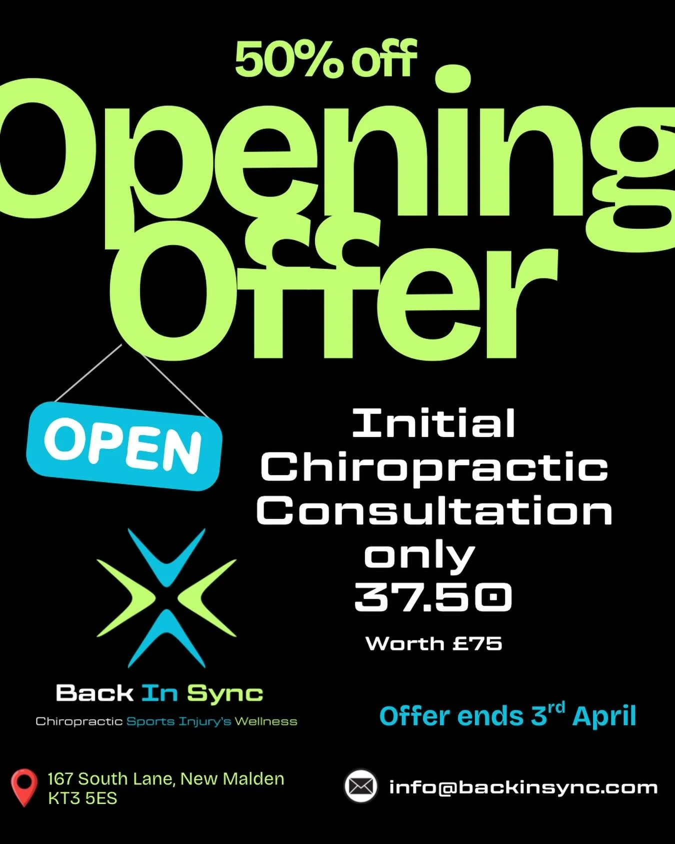 🚨 50% OFF Initial Chiropractic Consultation 🚨

We&rsquo;re celebrating with a limited-time opening offer &mdash; only &pound;37.50 for your first consultation.

Whether you&rsquo;re struggling with back pain, neck tension, headaches, sciatica or ju