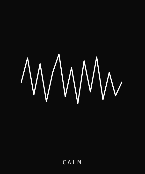 A jagged white waveform along a baseline settles toward a calmer, flatter line, representing tension held in the body easing as it relaxes.