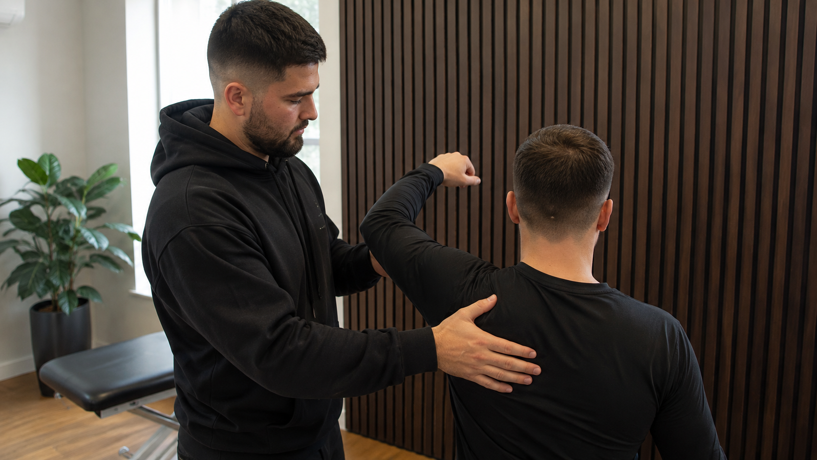Chiropractor assessing a patient's shoulder movement at Back In Sync, New Malden