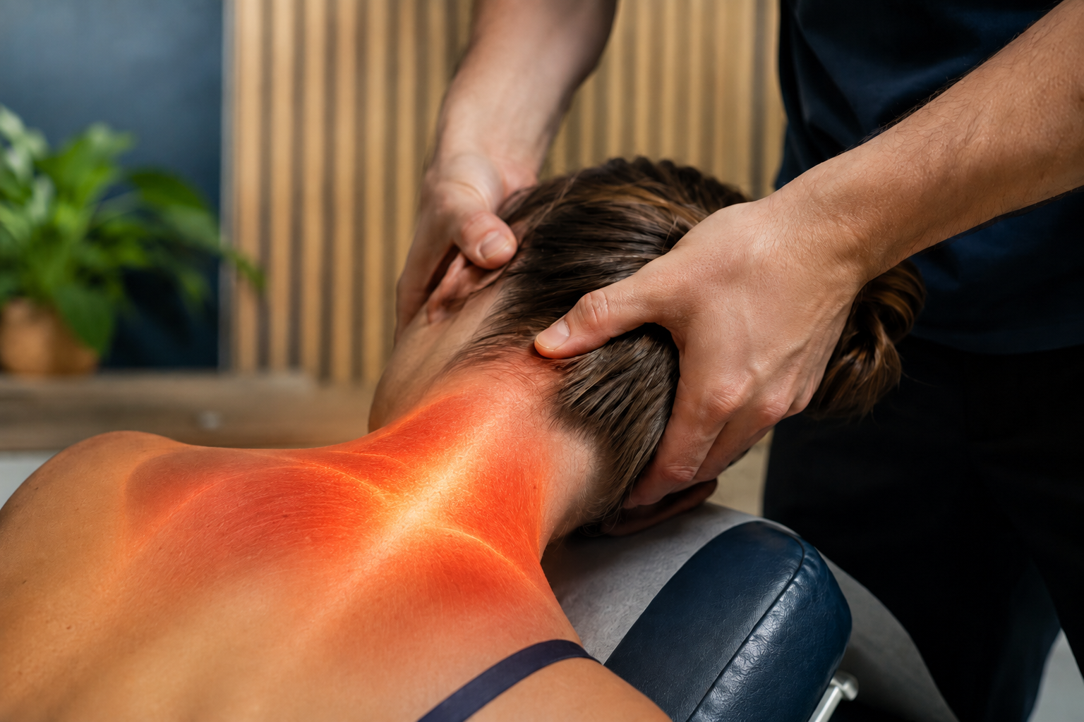 Back-in-Sync chiropractor in New Malden gently treating a patient’s neck and shoulders, with a visual heat glow highlighting areas of muscle tension