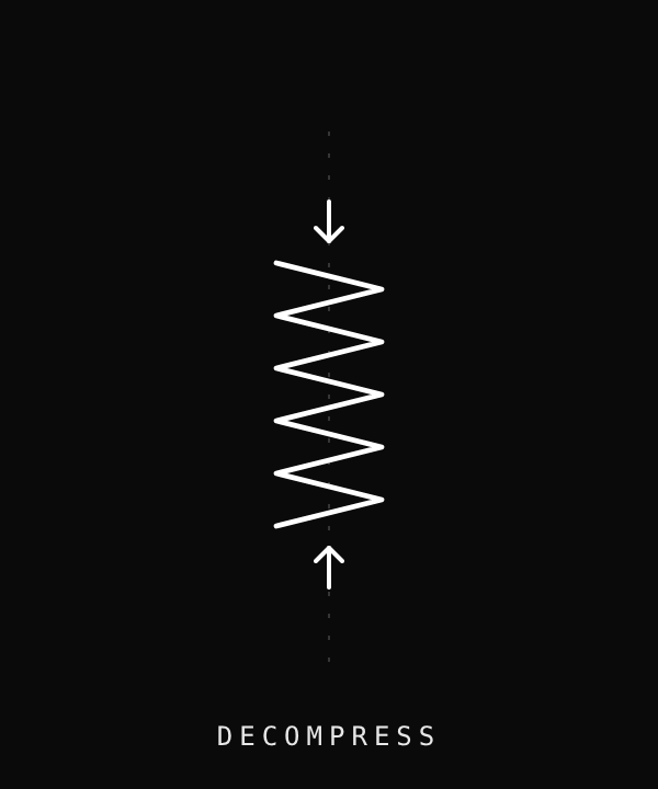 A vertical spring on a centre line is squeezed short then stretches open again, representing a compressed back easing and lengthening as you move.