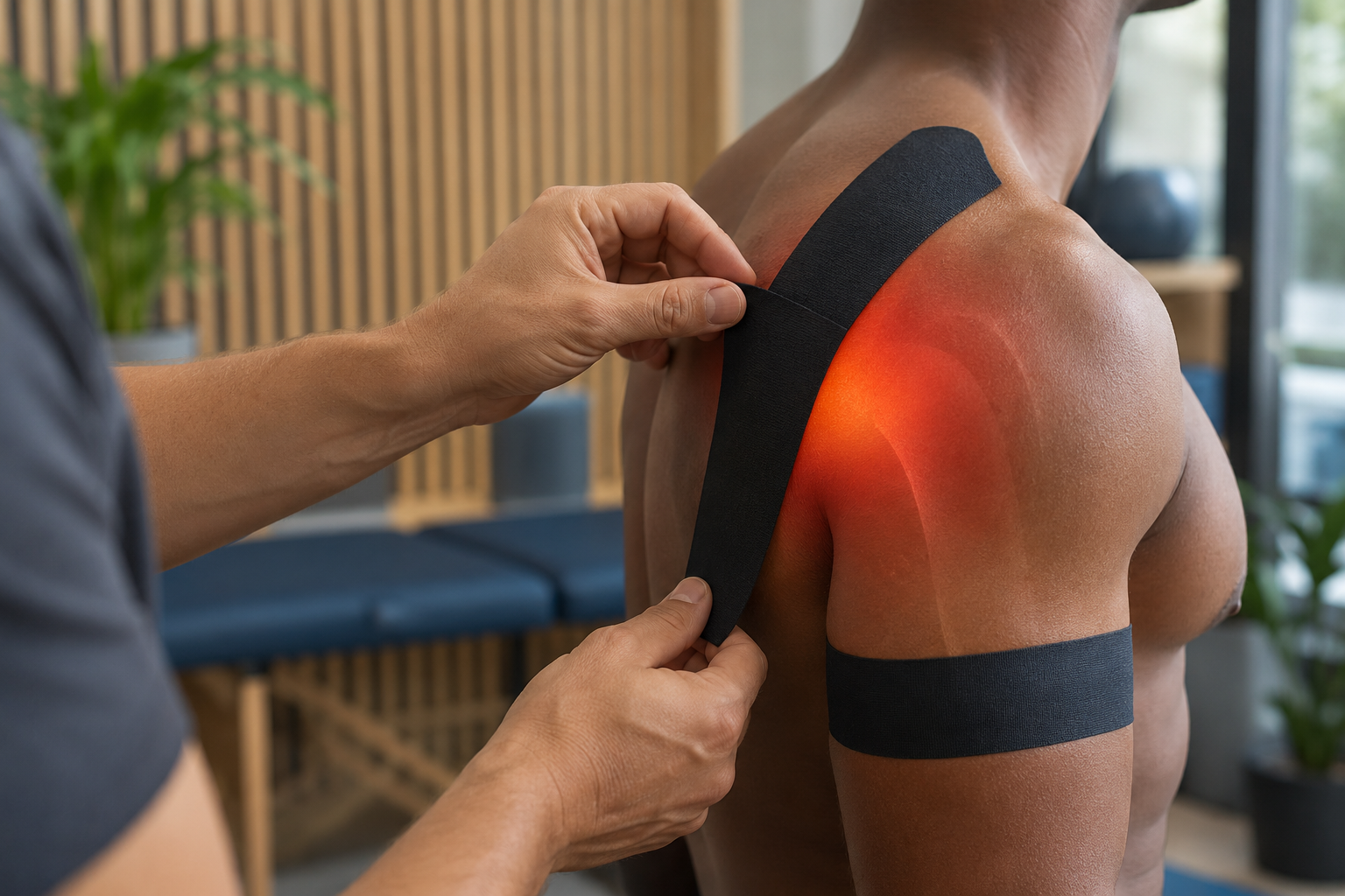 Chiropractor at Back-in-Sync in New Malden applying kinesiology tape to a patient’s shoulder to support the joint and aid sports injury recovery.