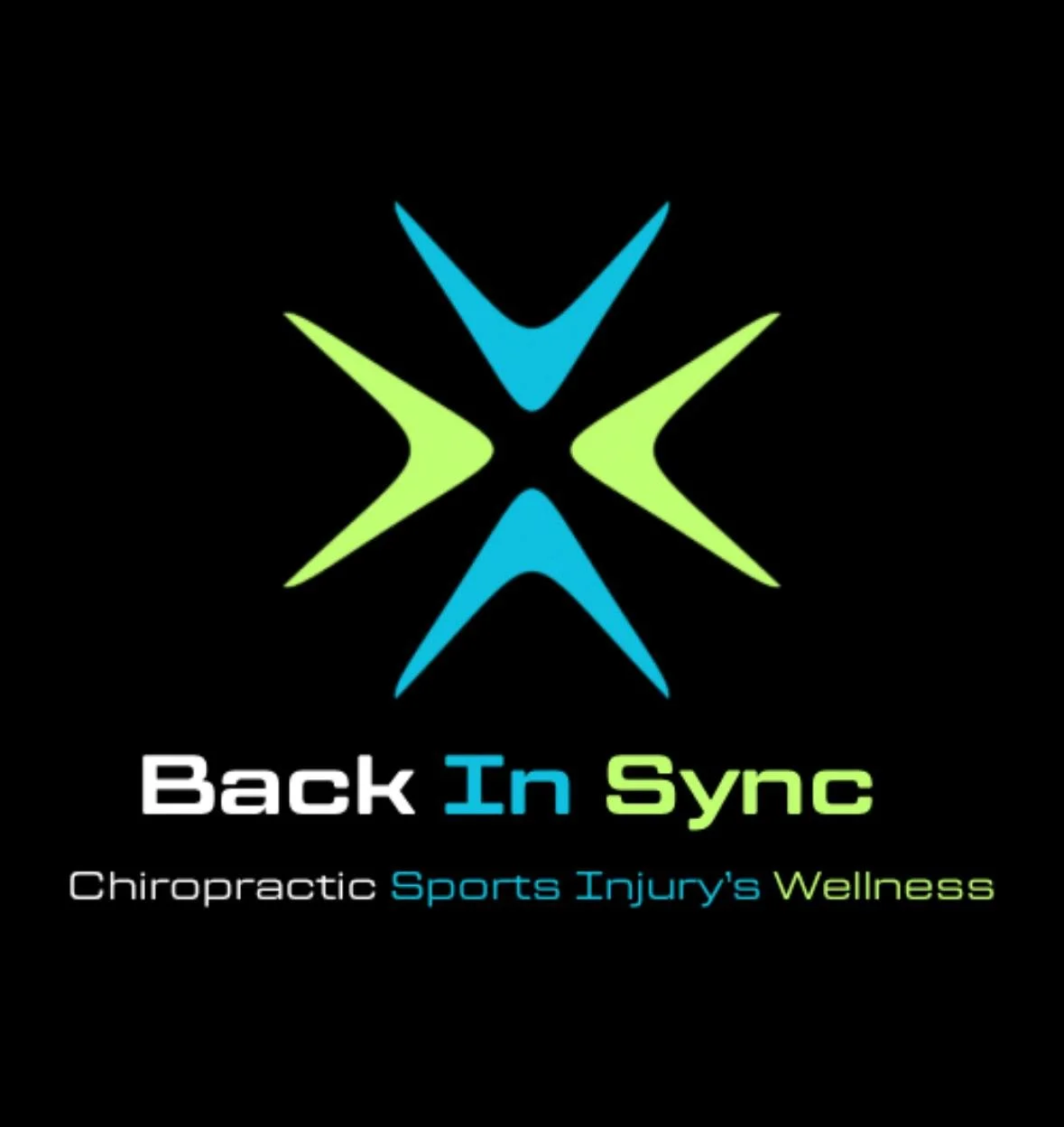 A logo for Back In Sync featuring a stylized star with six points in blue and green. Below the star, the text says 'Back In Sync' with 'Back' in white, 'In' in blue, and 'Sync' in green. Additional text mentions 'Chiropractic Sports Injury's Wellness' in smaller font with words in white, blue, and green.