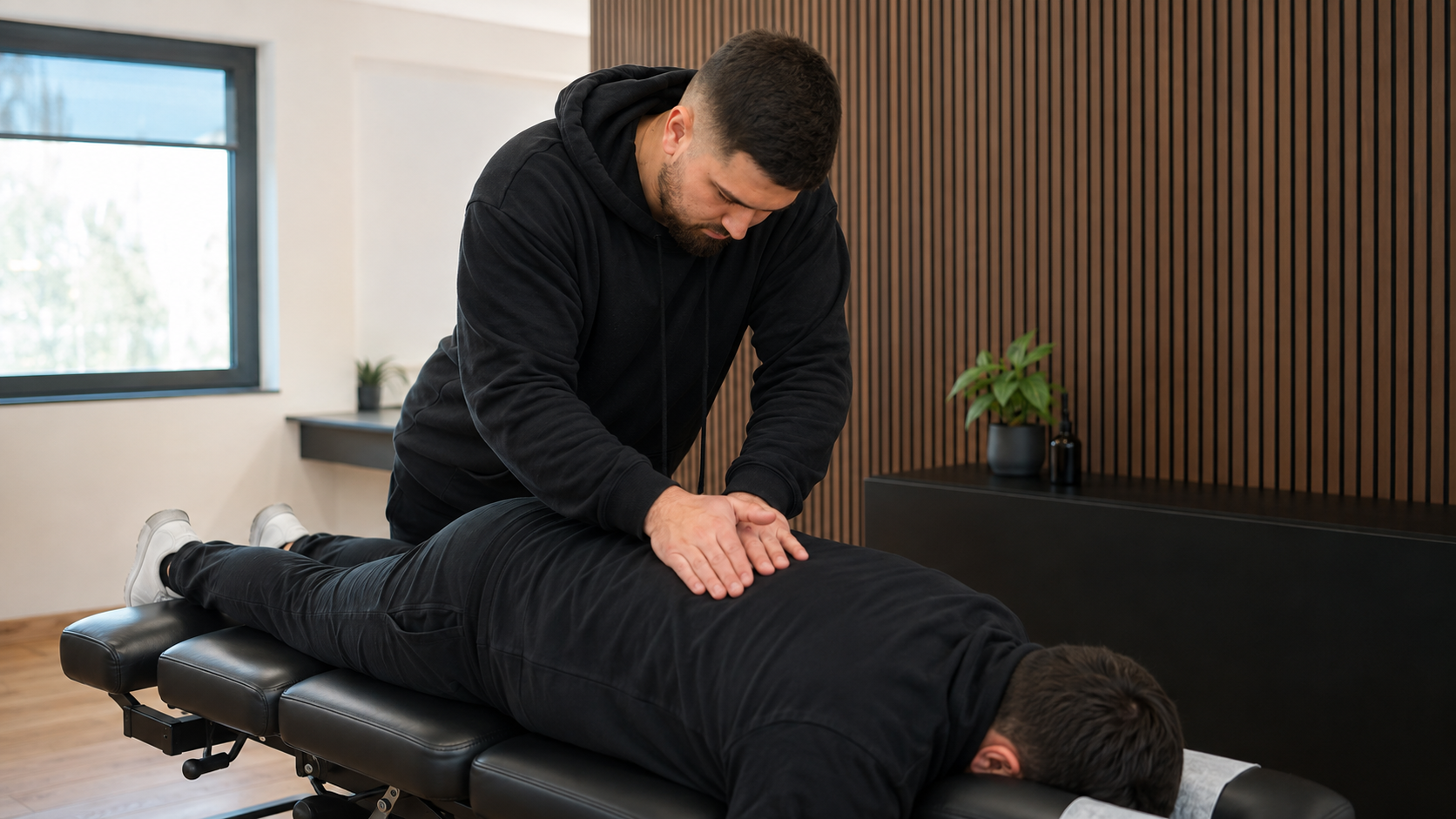 Chiropractor performing a lower back adjustment on a patient at Back In Sync, New Malden