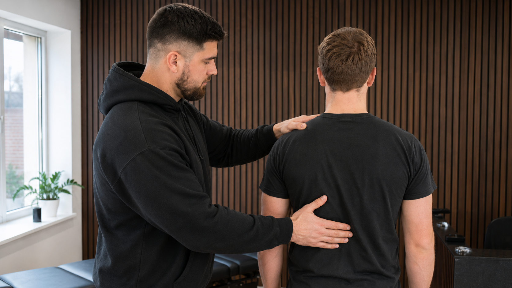 Chiropractor checking a standing patient's back and posture at Back In Sync, New Malden