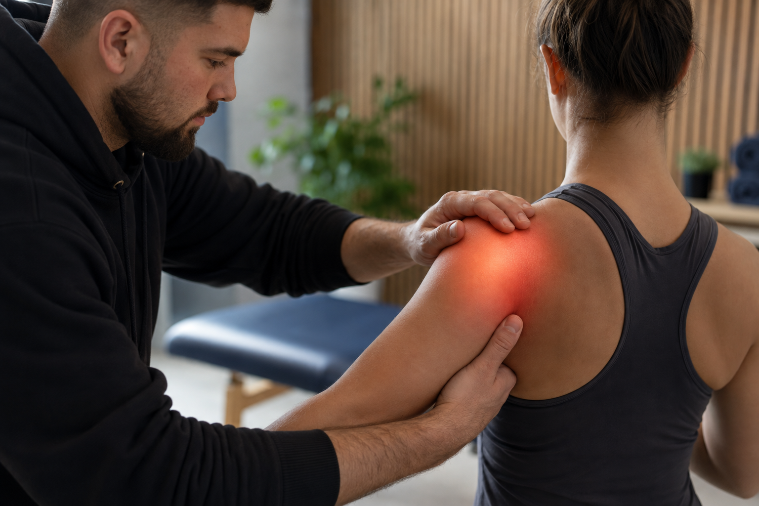 Back-in-Sync chiropractor in New Malden gently assessing and mobilising a patient’s shoulder joint during treatment