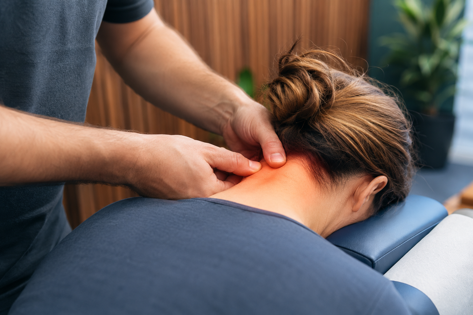 Back-in-Sync chiropractor in New Malden providing gentle upper neck treatment to a patient on a chiropractic treatment table