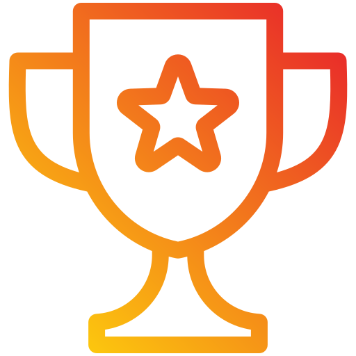 A digital illustration of a trophy with a checkmark inside, with a gold and red gradient color scheme.