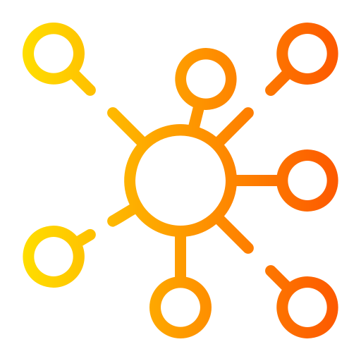 A colorful digital abstract design resembling a network or molecular structure with interconnected nodes in yellow, orange, and red.