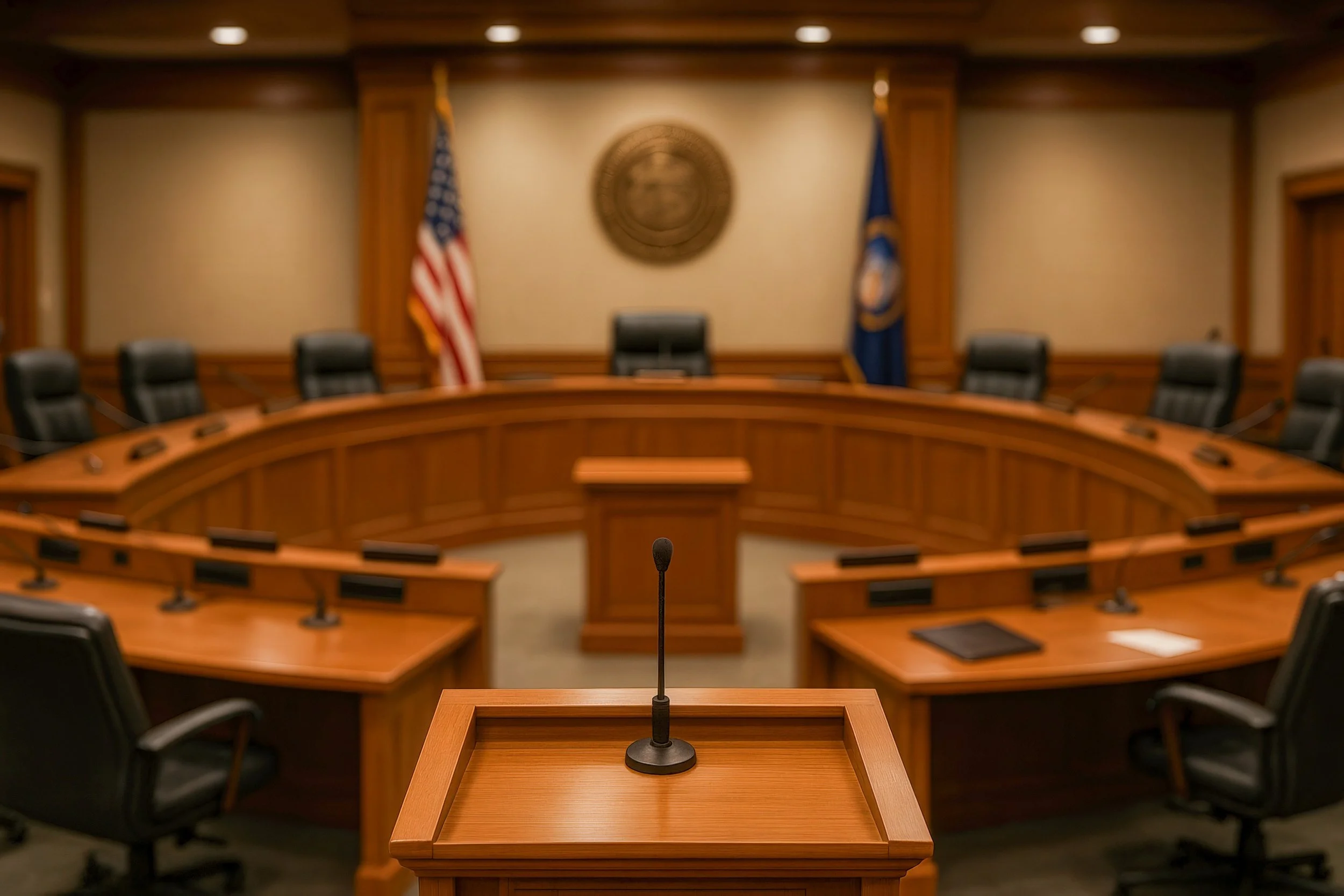 Empty courtroom with a central podium, American and state flags, and a round wooden emblem on the back wall.
