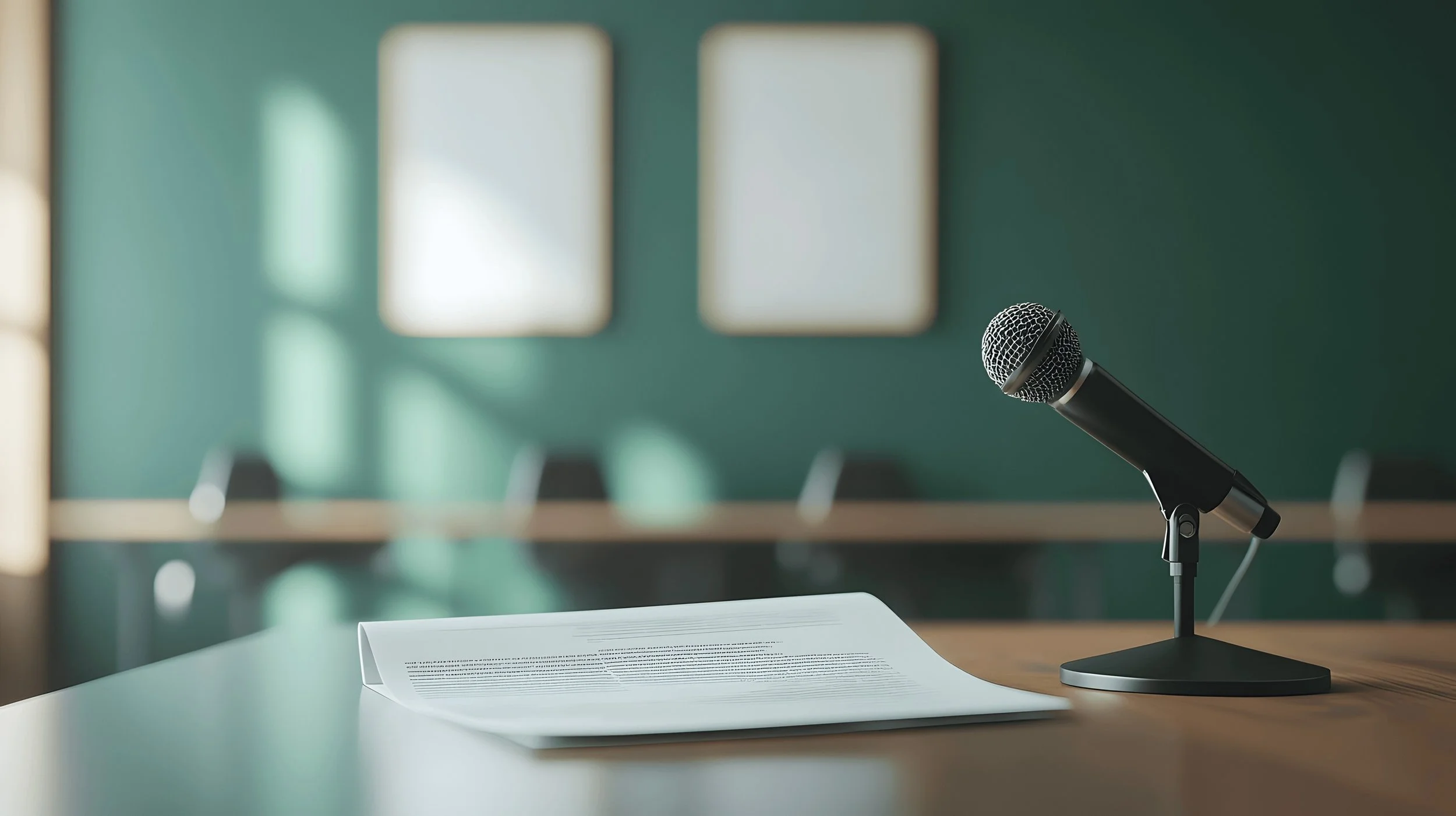 Microphone and legal documents on a podium in a municipal hearing room