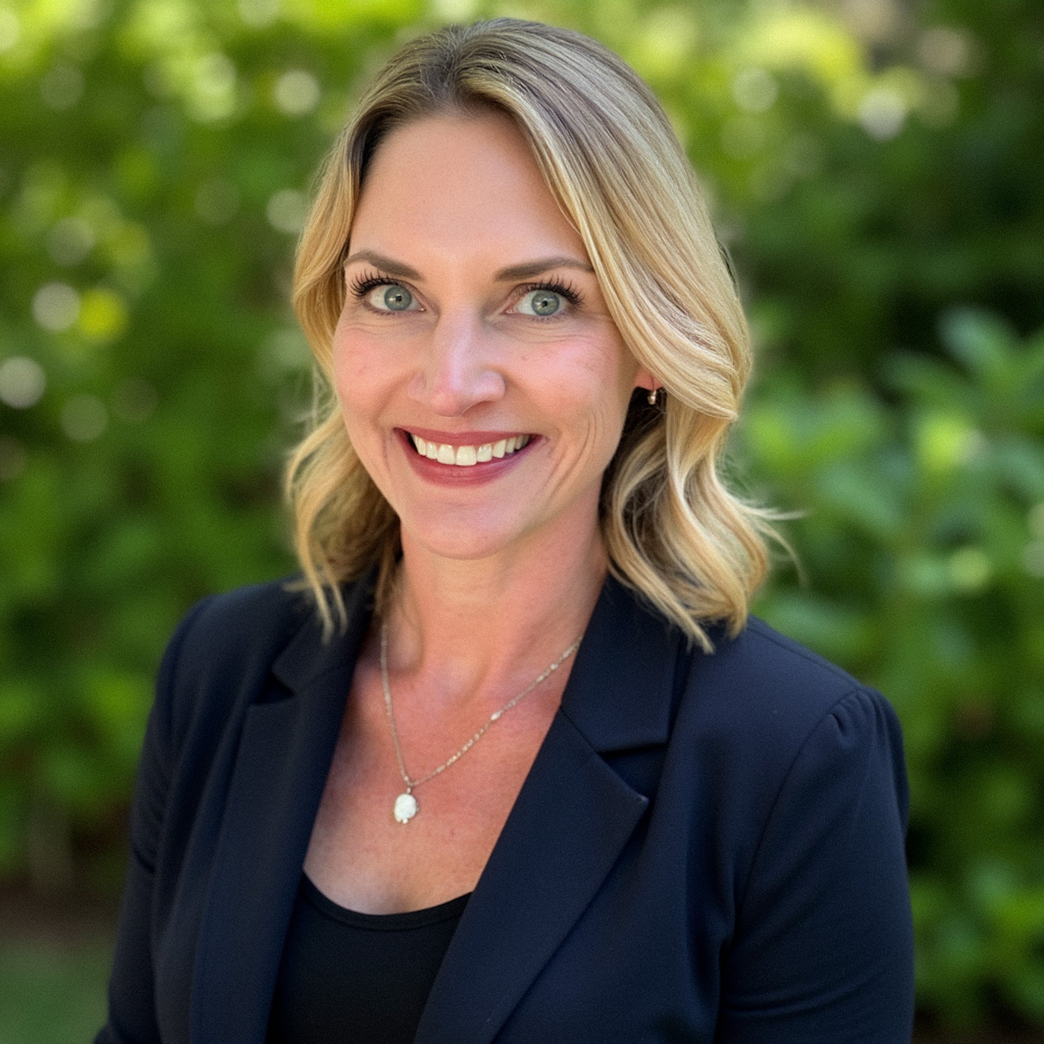 A woman with shoulder-length blonde hair, blue eyes, and a bright smile outdoors with green foliage in the background, wearing a black blazer and a silver necklace.