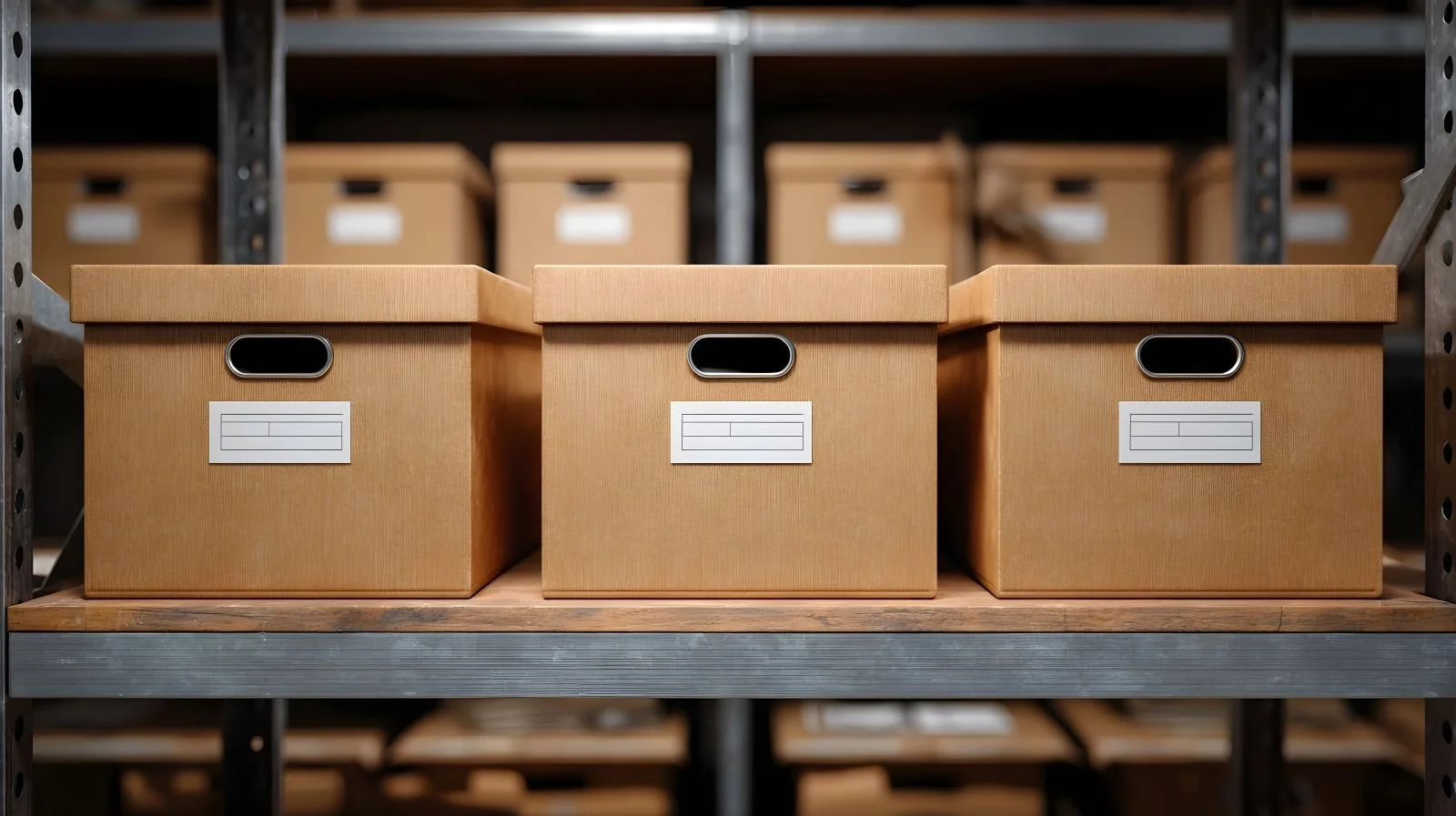 Municipal public records filing boxes stored on shelves in a legal records room