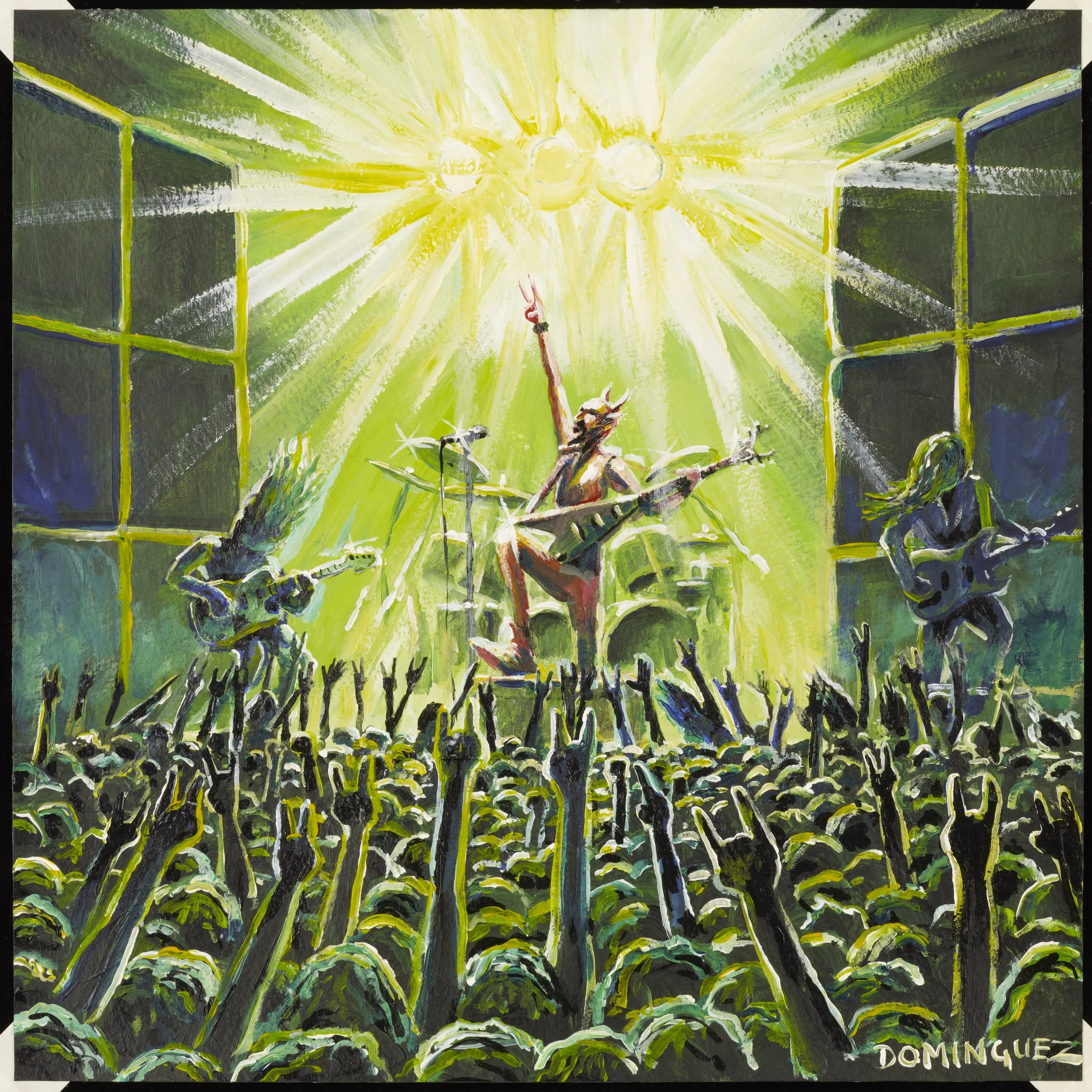 A vibrant painting of a rock band performing on stage with dramatic yellow-green lighting. The crowd is energetic with hands raised, and the band members are playing guitars and drums.