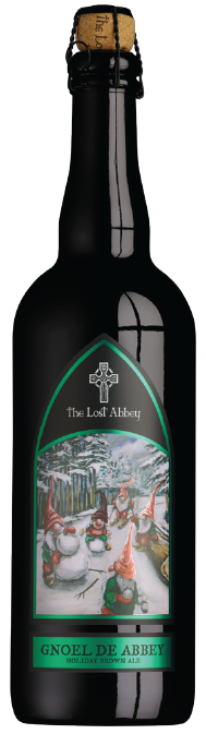 A dark bottle of Gnoel de Abbey holiday ale with a cork stopper. The label features festive snowmen, Santa hats, and a snowy scene. The brand is The Lost Abbey.